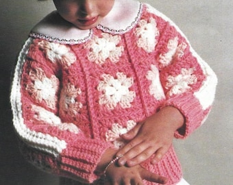 Vintage Crochet Pattern Kids Granny Square Pullover Sweater PDF Pattern Instant Digital Download Girls Holiday Long Sleeve Top Gift Idea