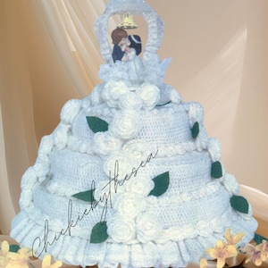 Vintage Crochet Pattern Wedding Cake 3 Tiers Crocheted Rose Flowers and Ruffle Trim PDF Instant Digital Download Baby Yarn