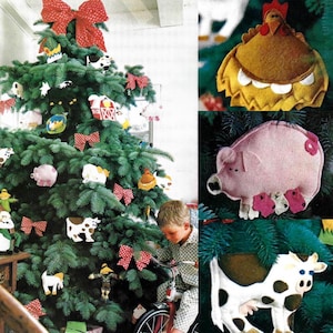 May include: A decorated Christmas tree with farm animal ornaments, including cows, pigs, and chickens. Red bows and other festive decorations adorn the tree. A child is riding a tricycle near the tree.