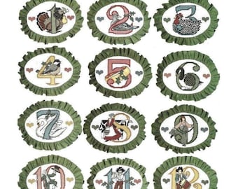 Vintage Cross Stitch Pattern 12 Days of Christmas Ornaments Set of 12 PDF Instant Digital Download Folk Art Holiday Decor