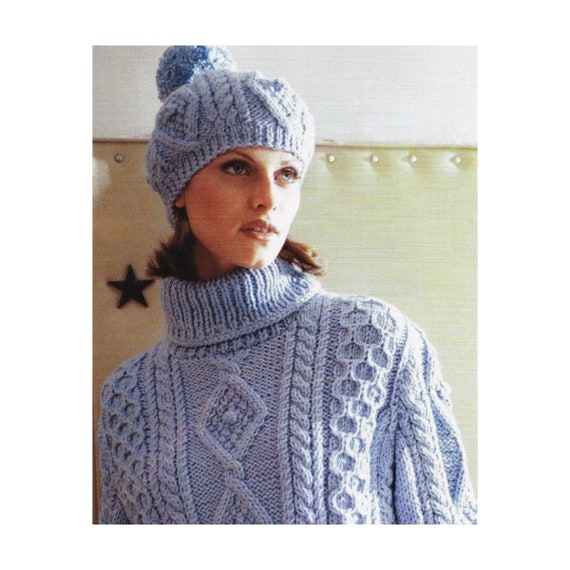 Vintage Knitting Pattern Cable Knit Aran Turtleneck Sweater and Matching Hat PDF Instant Download Chunky Cable Knit Sweater Pom Pom Ski Cap