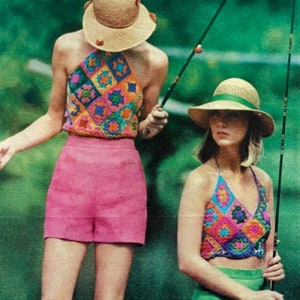 Vintage Crochet Pattern Granny Square Halter Top Summer Midriff Crop Tops PDF Instant Digital Download Summer Belly Shirt Set of 2