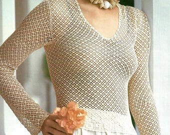 Vintage Crochet Pattern Lacy Bohemian Long Sleeve Crop Top PDF Instant Digital Download Lacey Mesh Summer Blouse V Neck Waistcoat Top