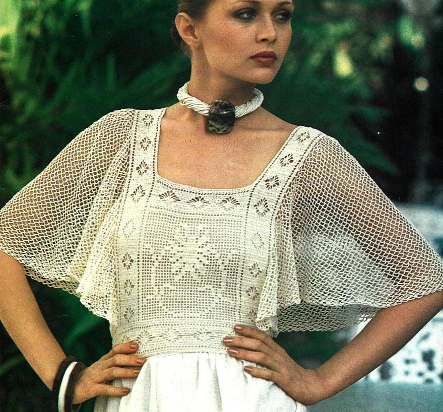 Vintage Filet Crochet Pattern Bohemian Butterfly Sleeve Top PDF Instant Digital Download Lacy Mesh Summer Blouse Square Neck Waistcoat Top