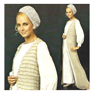 Vintage Crochet Pattern Long Open Front Cardigan Vest and Matching Hat PDF Instant Digital Download Floor Length Swimsuit Cover Up