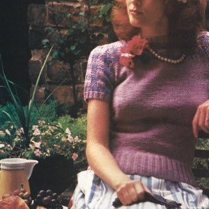 Vintage Knitting Pattern Pullover Purple Waistcoat Sweater PDF Instant Download 80s Plaid Short Sleeve Top
