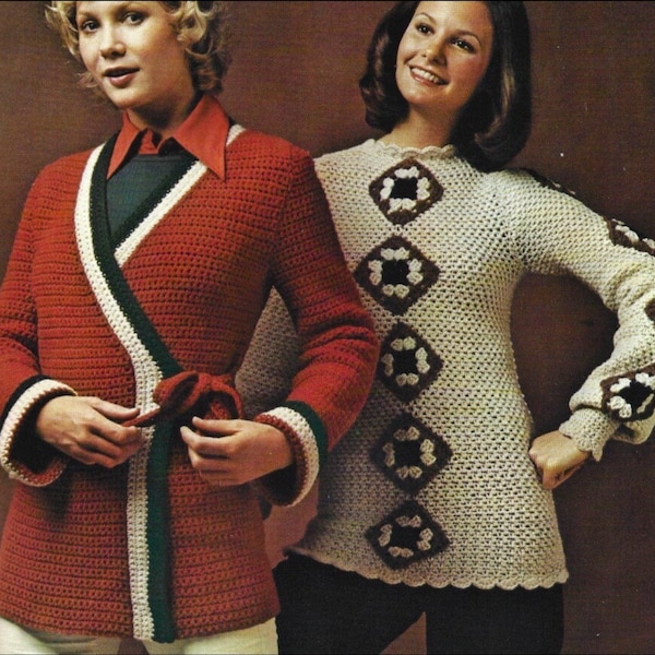 2 Vintage Crochet Patterns Wrap Cardigan Sweater and Granny Square Mesh Top PDF Instant Digital Download Retro Tunic Top and Jacket