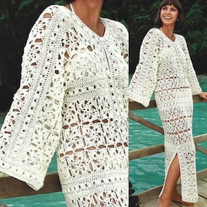 May include: A white crochet maxi dress with a V-neckline, long sleeves, and a side slit. The dress features a delicate floral pattern and is perfect for a beach vacation.