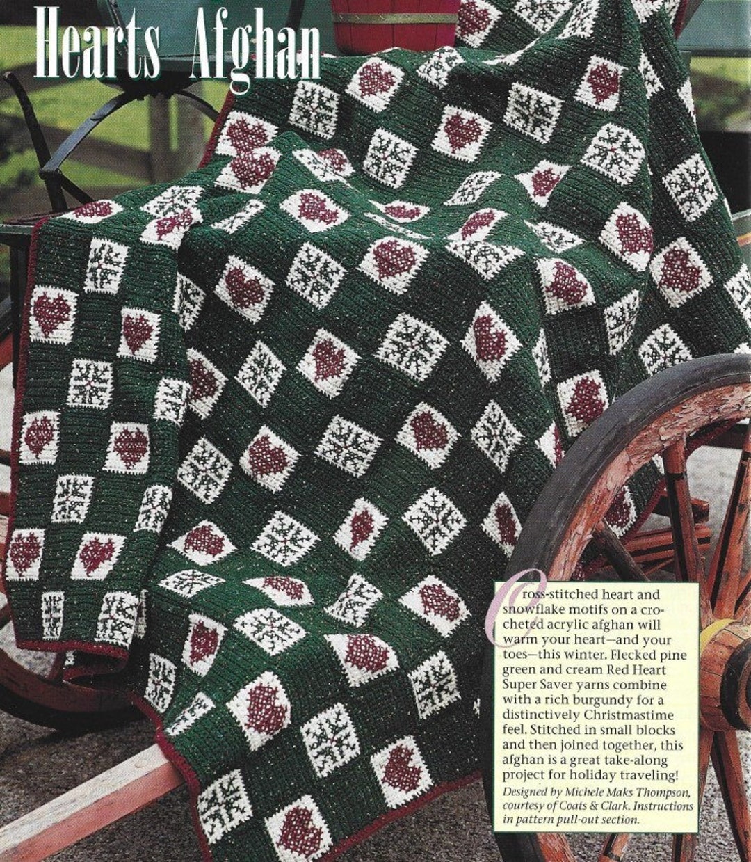 Vintage Christmas Crochet Afghan Pattern With Cross Stitch Hearts