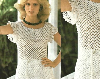 Vintage Crochet Pattern Lacy Cottagecore Tunic Top PDF Instant Digital Download Irish Lace Summer Blouse Square Neck Cap Sleeves Tie Waist
