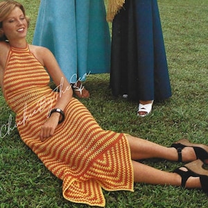 Vintage Crochet Pattern 70&#39;s Striped Halter Dress Pixie Hem PDF Instant Digital Download Womens Summer Midi Dress Bikini Cover Up