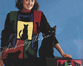 Vintage Knitting Pattern Black Cat Patchwork Sweater PDF Instant Digital Download Oversized Pullover Sweater Top Womens Clothing