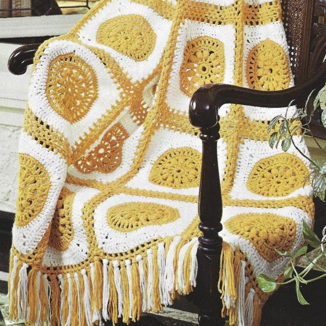 Vintage Crochet Granny Square Pattern Lacy Gold Medallion Afghan PDF ...
