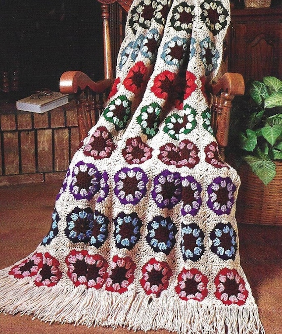 Vintage Crochet Pattern Granny Square Flower Power Afghan PDF