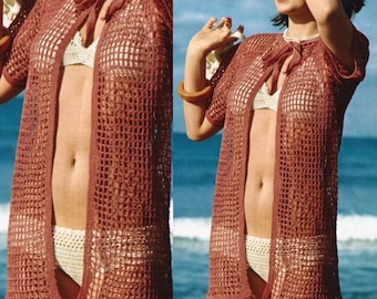 Vintage Crochet Pattern Mesh Swimsuit Cover Up Top PDF Instant Digital Download Bathing Suit Top Beachwear Coverup Jacket
