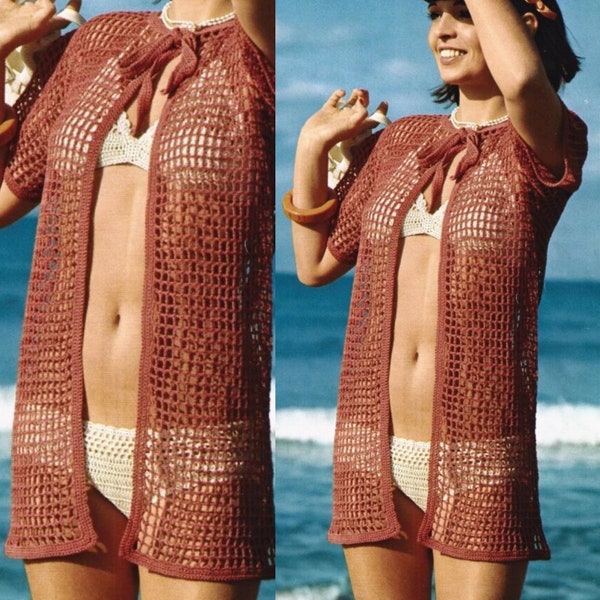 Vintage Crochet Pattern Mesh Swimsuit Cover Up Top PDF Instant Digital Download Bathing Suit Top Beachwear Coverup Jacket