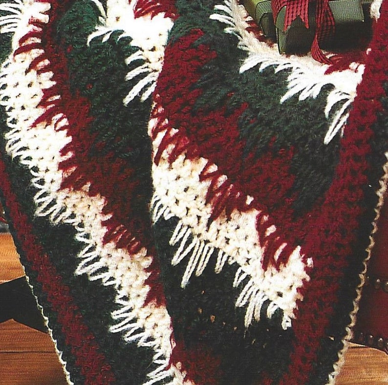 Vintage Crochet Christmas Stripe Afghan Throw Pattern PDF Instant Digital Download Holiday Dip Down Burgundy Green White Holiday Blanket image 3