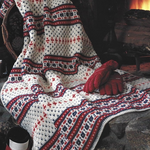 Vintage au crochet, motif de Noël nordique, PDF afghan, téléchargement numérique instantané, jetée Fair Isle, décoration d'intérieur de vacances