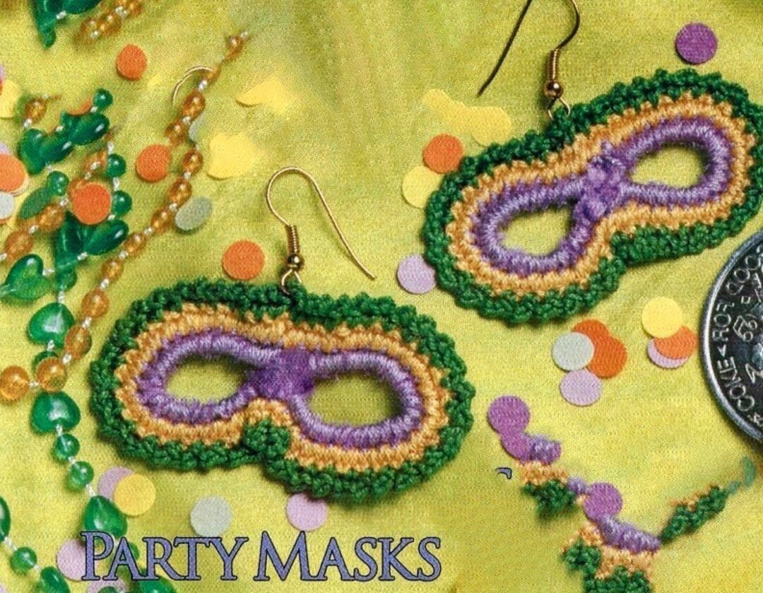 Crochet Pattern Mardi Gras Mask Earrings PDF Instant Digital Download