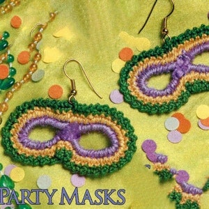 Crochet Pattern Mardi Gras Mask Earrings PDF Instant Digital Download New Orleans Mardi Gras Party Jewelry Dangle Earrings Purple Green Gold