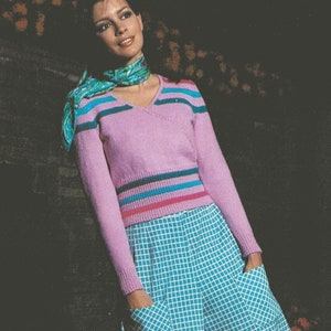 Vintage 70&#39;s Knitting Pattern Womens Pullover Waistcoat Sweater PDF Instant Digital Download V-Neck Striped Fitted Crop Top
