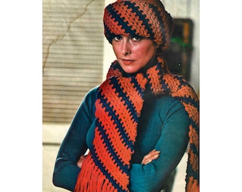 Vintage Crochet Pattern Scarf and Hat Set Diagonal Stripes Chunky Yarn PDF Instant Digital Download Winter Accessories