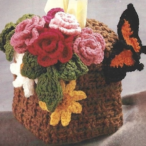 Vintage Tissue Box Cover Crochet Pattern Rose Flower Bouquet and Butterfly Tissue Topper Mothers Day PDF Instant Digital Download Home Decor