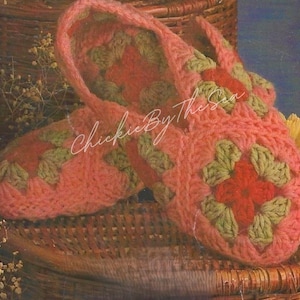 May include: A pair of crocheted slippers in pink, green, and red. The slippers are made with a granny square pattern.