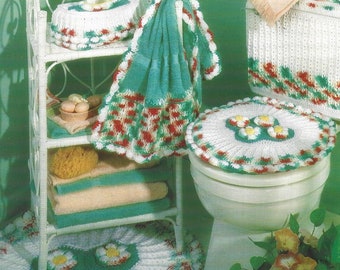 Vintage Crochet Pattern Bath Set Pretty Posies eBook PDF Instant Digital Download Retro Bathroom Rug Tissue Cover Topper Tank Set Home Decor