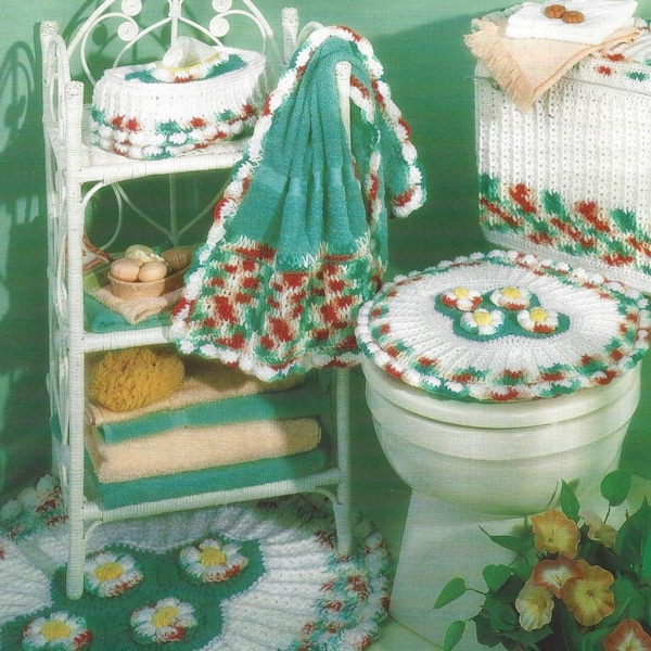 Vintage Crochet Pattern Bath Set Pretty Posies eBook PDF Instant Digital Download Retro Bathroom Rug Tissue Cover Topper Tank Set Home Decor