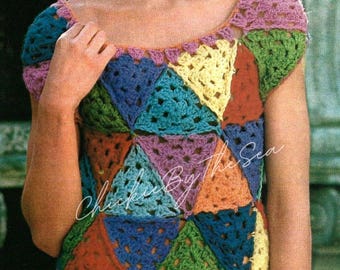 Vintage Crochet Top Pattern: Granny Square Triangle Patchwork (PDF Digital Download)
