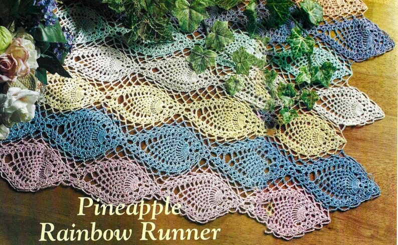 Vintage Crochet Pattern Lacy Pineapple Rainbow Runner PDF Instant Digital Download Oblong Lace Doily Easter Spring Decor Beginner Pattern image 1