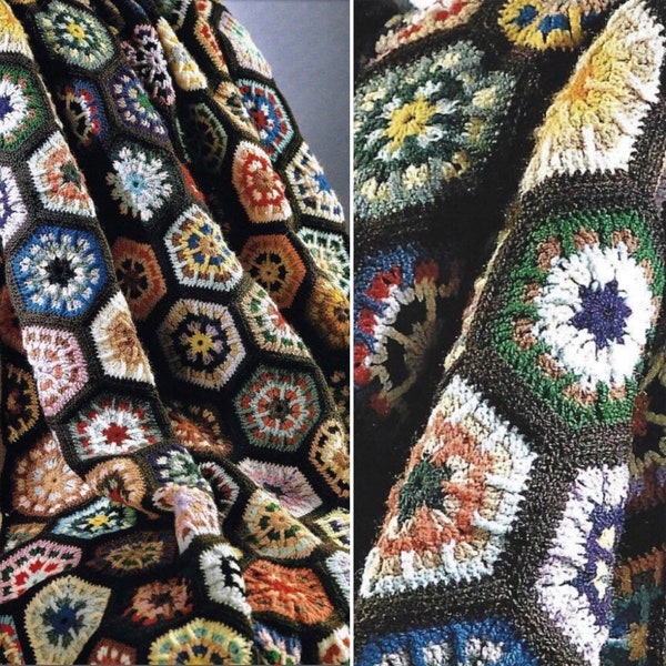 Vintage Crochet Pattern Kaleidoscope Afghan Blanket PDF Instant Digital Download Colorful Hexagon Throw Blanket Bedspread Home Decor