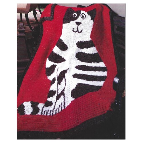 Vintage Crochet Smiling Cat Afghan Pattern, Striped Kitty Blanket (PDF Download)
