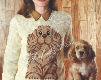Vintage Knitting Pattern Womens Cocker Spaniel Sweater PDF Instant Download Ladies Pullover Dog Sweater Crew Neck Top Dog Lover Gift