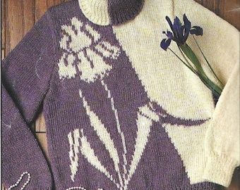 Vintage Knitting Pattern Iris Flower Sweater Jumper Top PDF Instant Digital Download Pullover Floral Crew Neck Sweater Knit Top Mothers Day