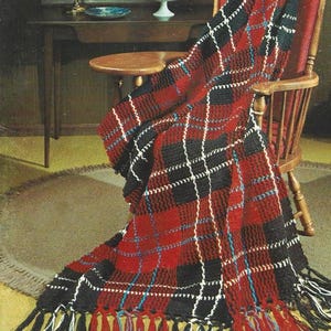 Vintage Crochet Pattern Ramsey Clan Tartan Afghan PDF Instant Digital Download Classic Red Plaid Fringe Throw Blanket Home Decor