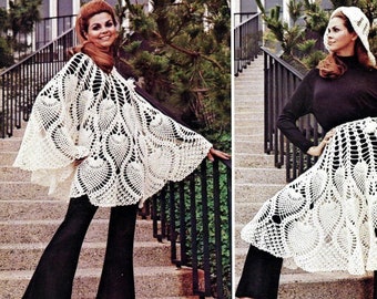 Vintage Crochet Pattern Boho Lacy Pineapple Poncho and Matching Hat PDF Instant Digital Download Crocheted Pineapple Skirt Festival Outfit