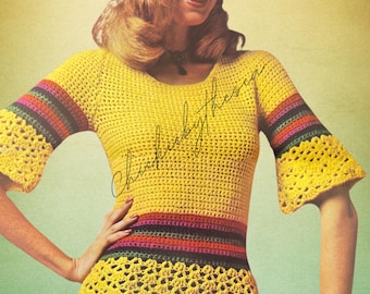 Vintage Crochet Pattern Womens Pullover Sweater Top PDF Instant Digital Download Striped Bell Sleeve Crocheted Blouse Retro 70’s