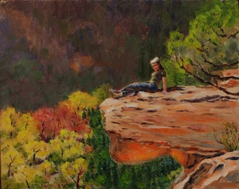 Zions National Park, , Wall Art , Girl on Cliff Oil Painting on Canvas