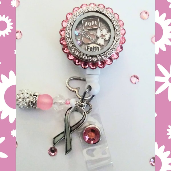 Pink breast cancer Floating locket Badge reel