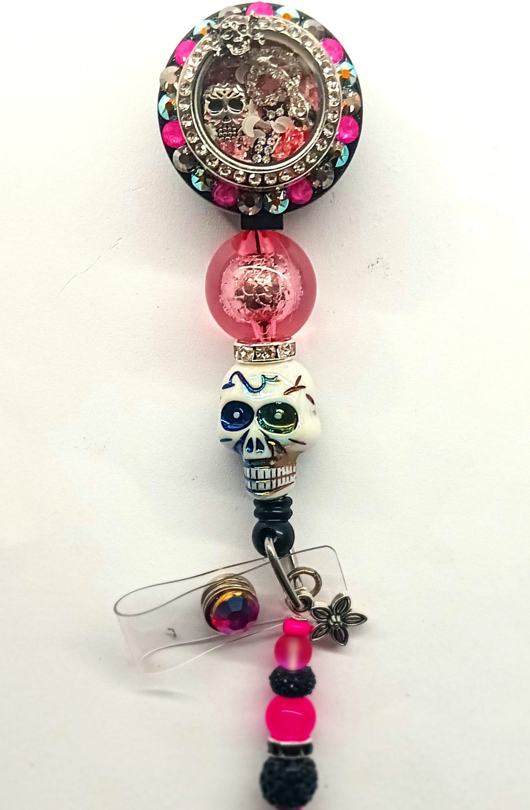 Beaded Skull Floating Locket Retractable ID Holder/badge Reel - Etsy