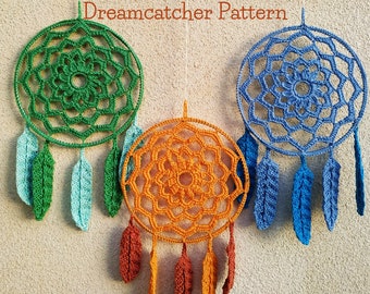 May include: Three crocheted dreamcatchers hanging on a wall. The dreamcatchers are made with different colored yarn: green, blue, and orange. Each dreamcatcher has feathers hanging from the bottom.