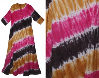 Size L / XL Indian Cotton Long Ethnic Maxi Tie Dye Dress For Women Hippie Boho Vintage Look Dress With Hand Kantha Work 3/4th Sleeve