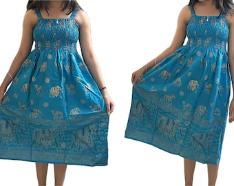 Free Size For XS / S Indian Midi Blue Gold Dress For Women / Ethnic Hippie Vintage Look Smocking Smock / Handmade Dress Retro Boho