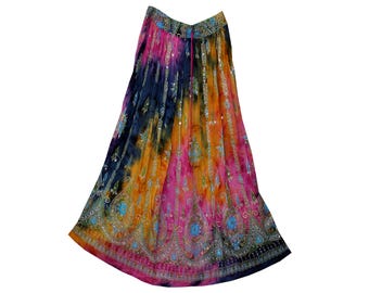 Sequin Tie-Dyed Maxi Skirt: Indian Ethnic Boho Rayon Skirt