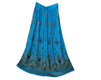 Sequin Floral Maxi Skirt: Indian Rayon Ethnic Boho Skirt