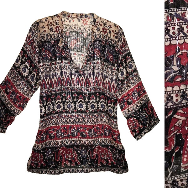 Indien Coton Lurex Rouge Noir Blouse Tunique Pour Femmes Éléphant Paon Imprimé Maya Blusa vintage Look Hippie Boho Gypsy