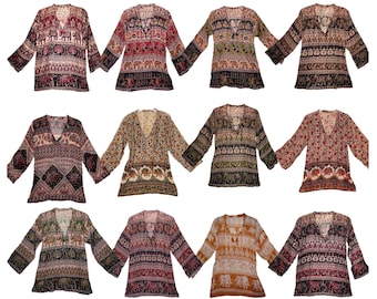 Wholesale Lot 10 Pieces Cotton Ethnic Indian Blusa Blouse For Women Top Hippie Vintage Look New Long Sleeve Boho Bohemian