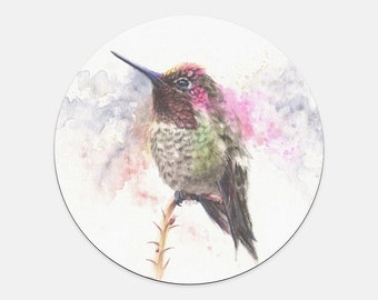 Watercolor Bird Art Mouse Pad (Round) - Hummingbird - Artwork by Reva Chen